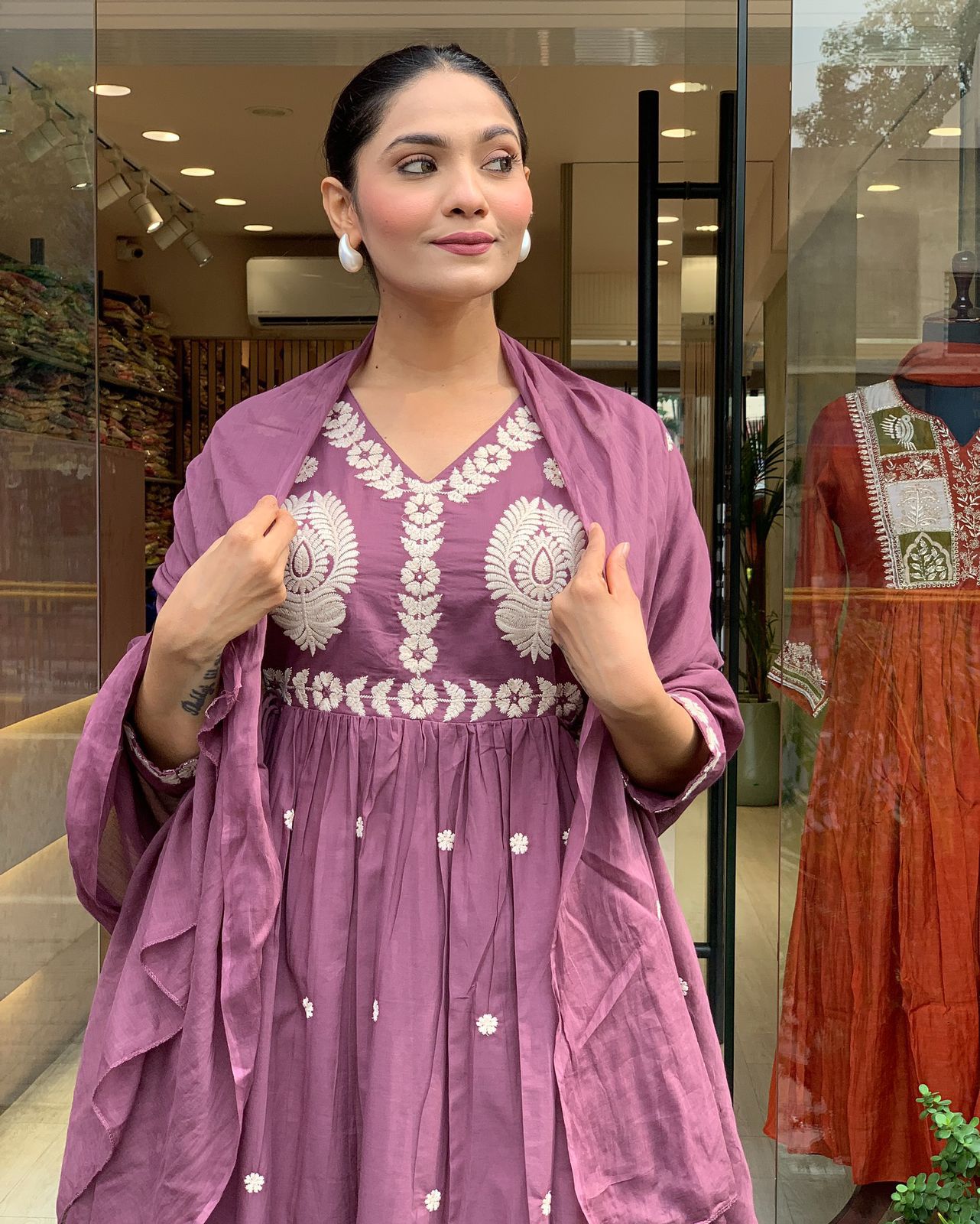 Anarkali Cotton Embroidered Kurta Set with Dupatta