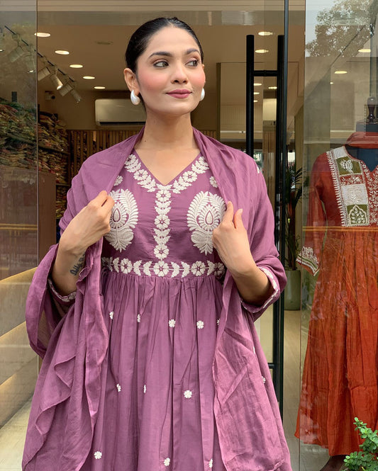 Anarkali Cotton Embroidered Kurta Set with Dupatta