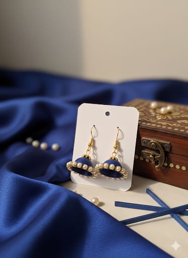 Blue & Pearl Trim Handmade Paper Quilling Jhumka Earrings