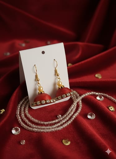Red & Gold Stone-Line Paper Quilling Jhumka Earrings