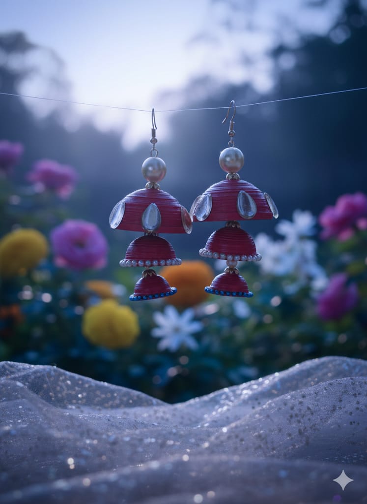 Handmade Red Quilled Jhumka Earrings with Pearl & Crystal Detailing