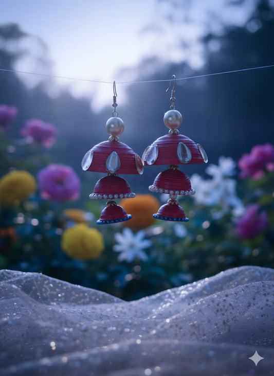 Handmade Red Quilled Jhumka Earrings with Pearl & Crystal Detailing