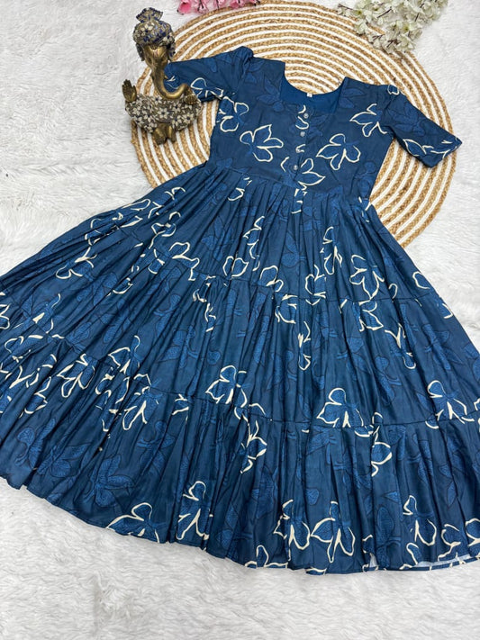 Indigo Floral Muslin Cotton 3-Layer Printed Dress
