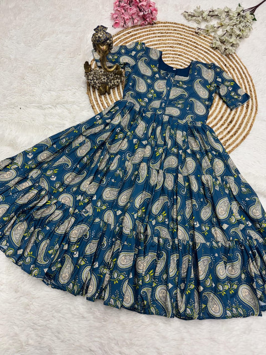 Teal Paisley Muslin Cotton 3-Layer Printed Dress