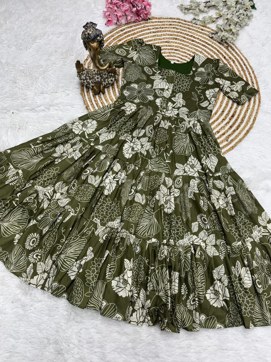 Olive Green Muslin Cotton 3-Layer Printed Dress