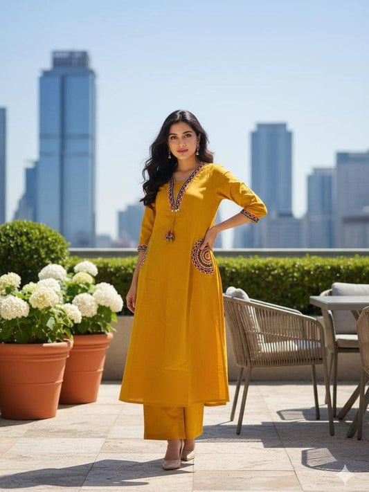 Mustard Yellow Embroidered Cotton Flex Kurti Plazzo Set