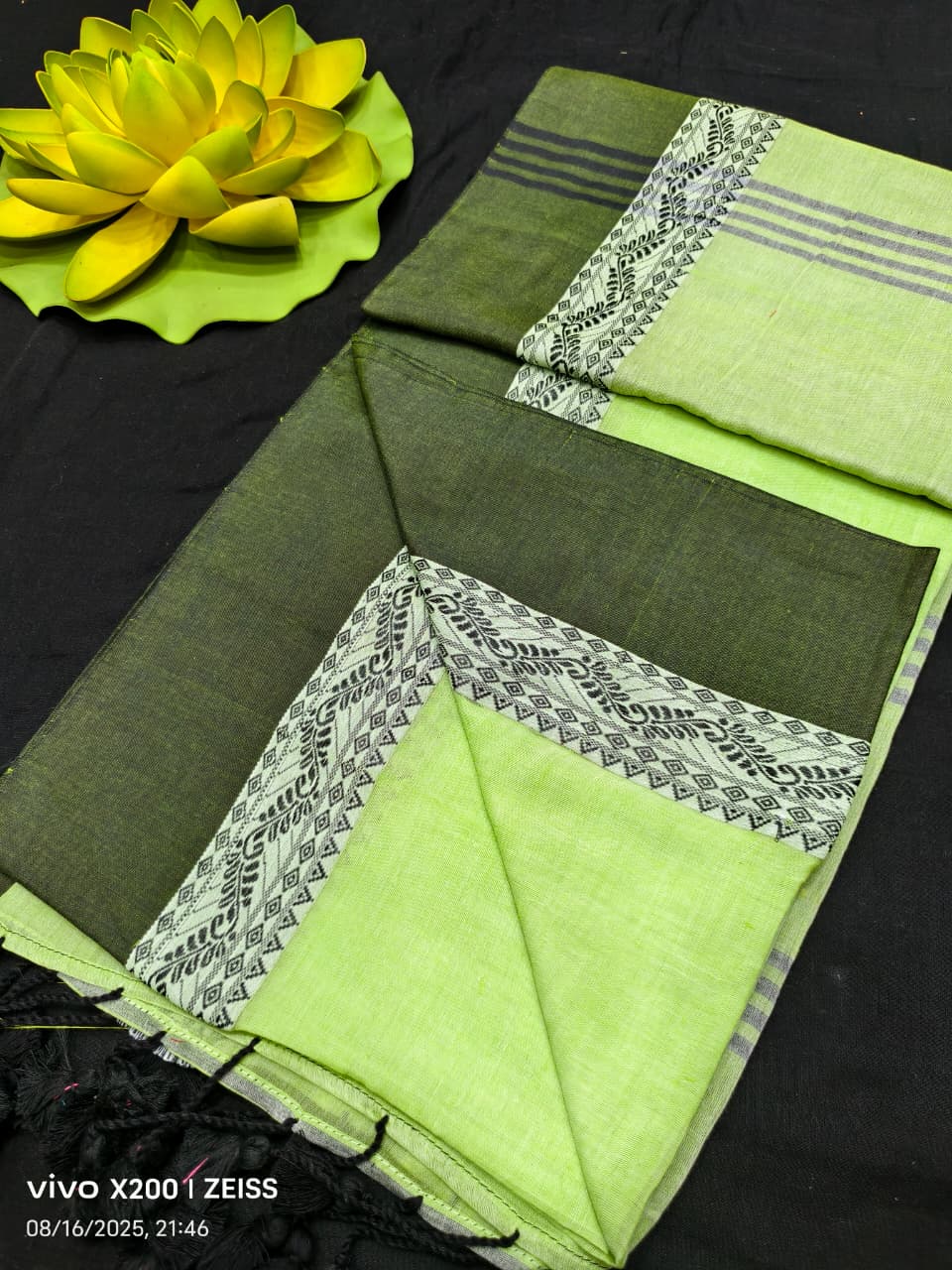 Olive Green & Light Green Pure Khadi Cotton Border Design Mul Cotton Saree