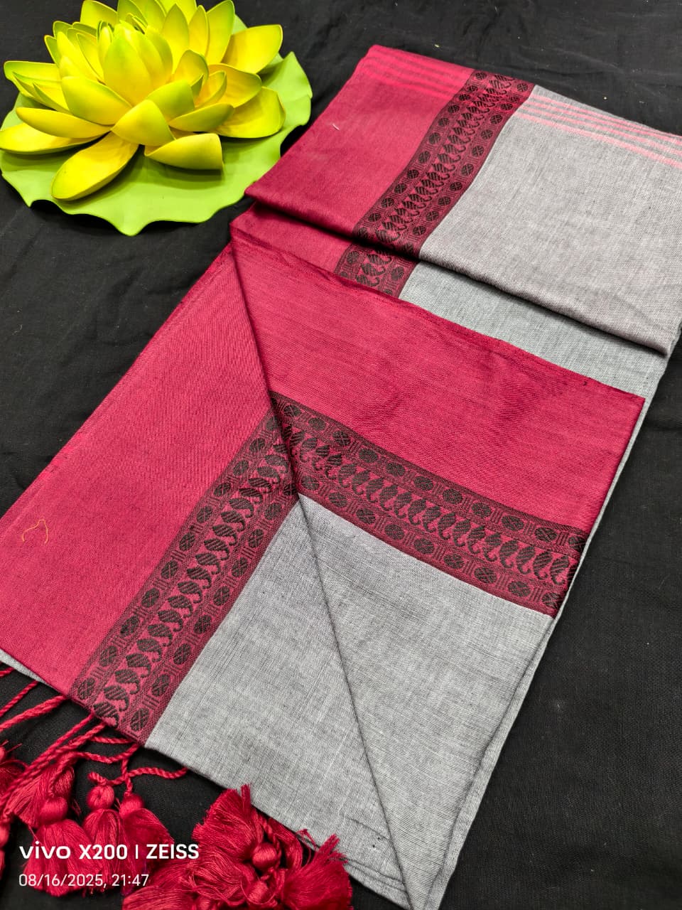 Maroon & Grey Pure Khadi Cotton Border Design Mul Cotton Saree