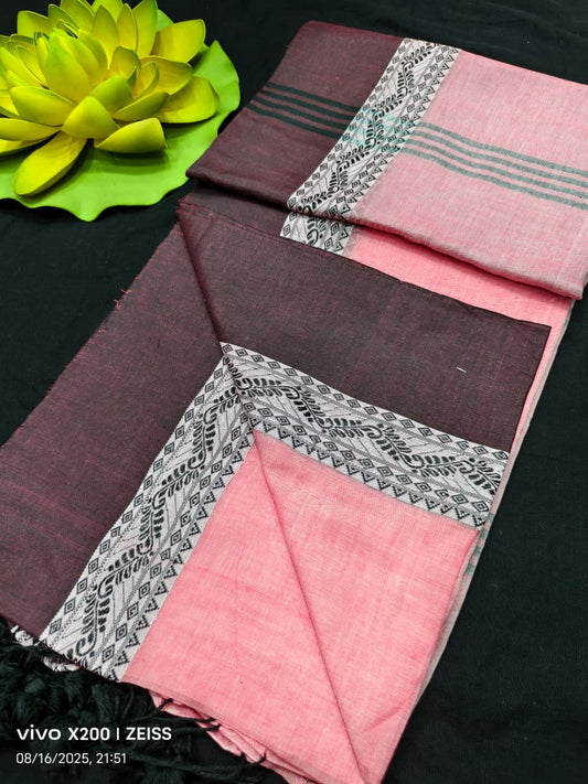 Wine & Pink Pure Khadi Cotton Border Design Mul Cotton Saree