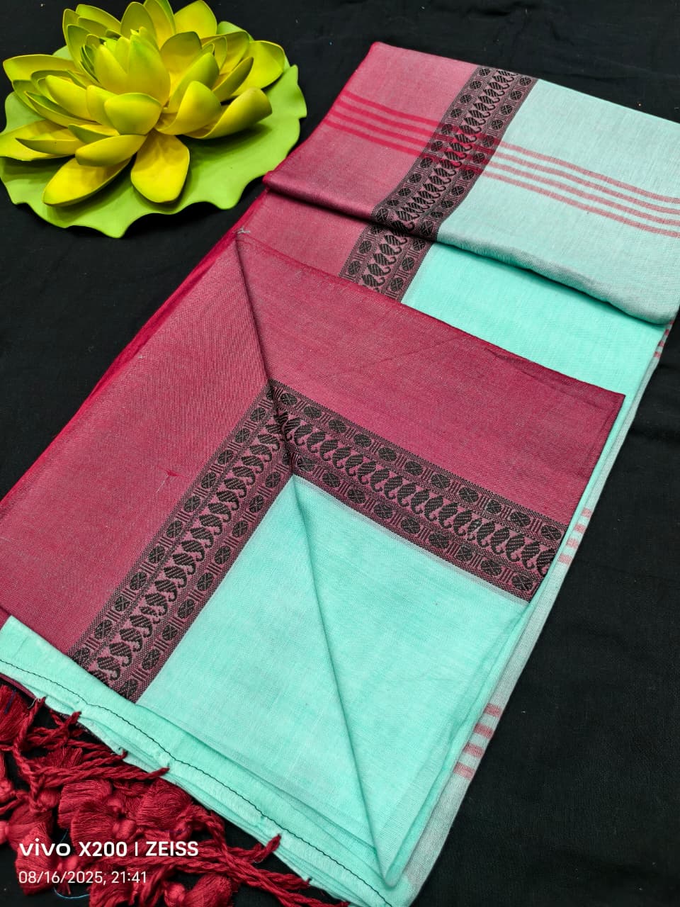 Maroon & Sea Green Pure Khadi Cotton Border Design Mul Cotton Saree