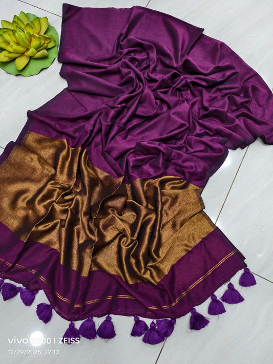 Royal Purple Pure Khadi Cotton Handloom Saree with Zari Pallu