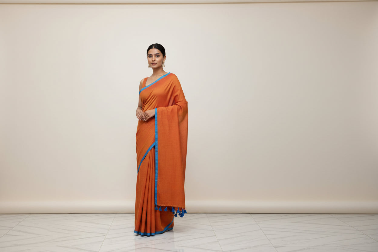 Orange saree with blue border and tassels on a white floor.