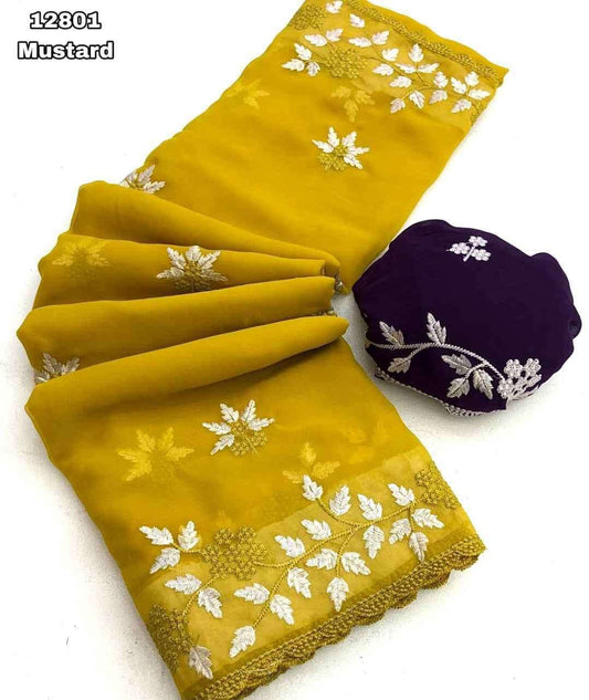 Mustard Embroidered Georgette Saree with Contrast Blouse