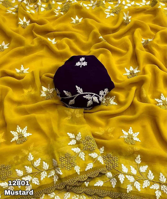Mustard Embroidered Georgette Saree with Contrast Blouse