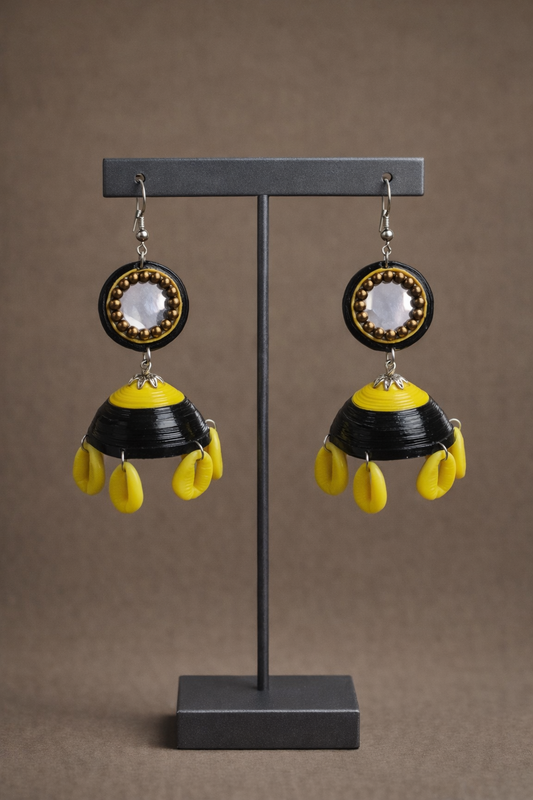 Black & Yellow Statement Mirror Jhumkas