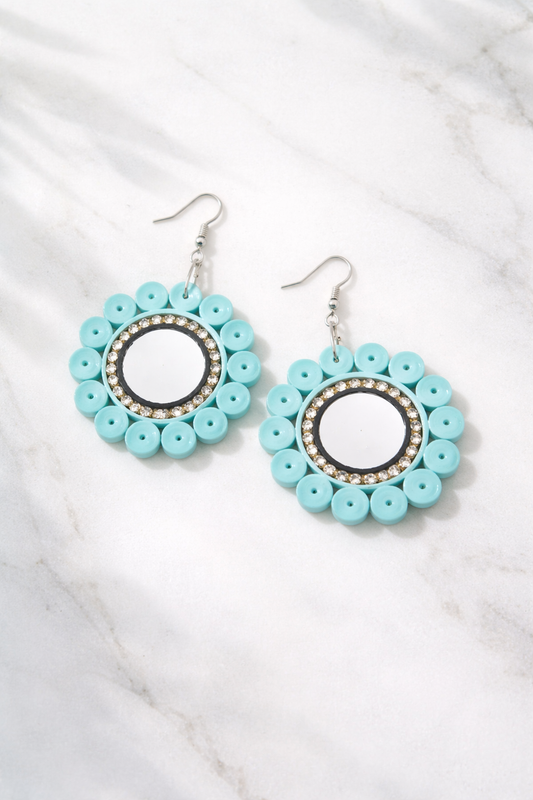 Aqua Mirror Disc Handmade Earrings
