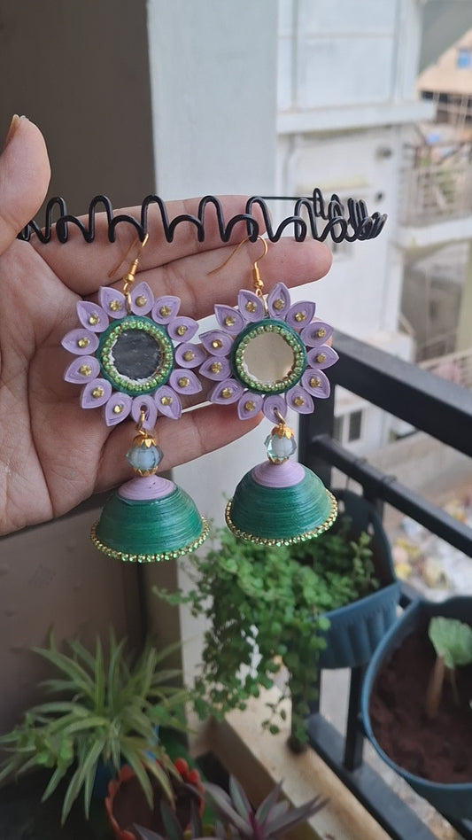 Taanvis Collections Handcrafted purple and Green Mirror Jhumka Earrings