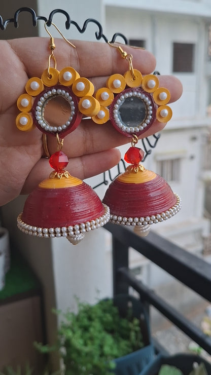 Tannvi's Collections Handcrafted Red and Yellow Mirror Jhumka Earrings – Elegant Paper Quilled Jewelry