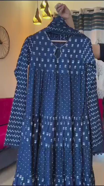 Indigo Blue Discharge Print Anarkali Set – Brand Showroom Exclusive