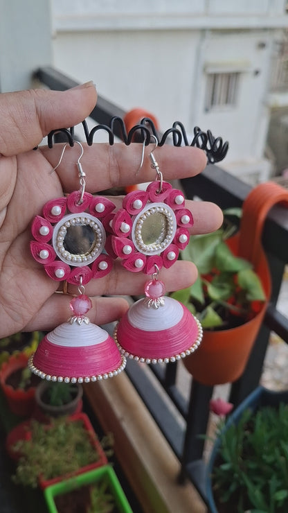 Tannvi's Collections Handmade Pink Mirror Paper Quilled Jhumka Earrings