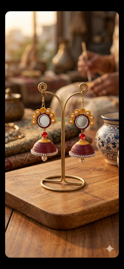 Tannvi's Collections Handcrafted Red and Yellow Mirror Jhumka Earrings – Elegant Paper Quilled Jewelry